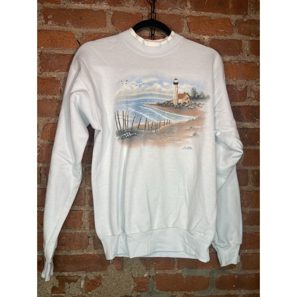 Vintage Morning Sun Women Crewneck Sweatshirt Size M Light Blue Beach Top Stitch